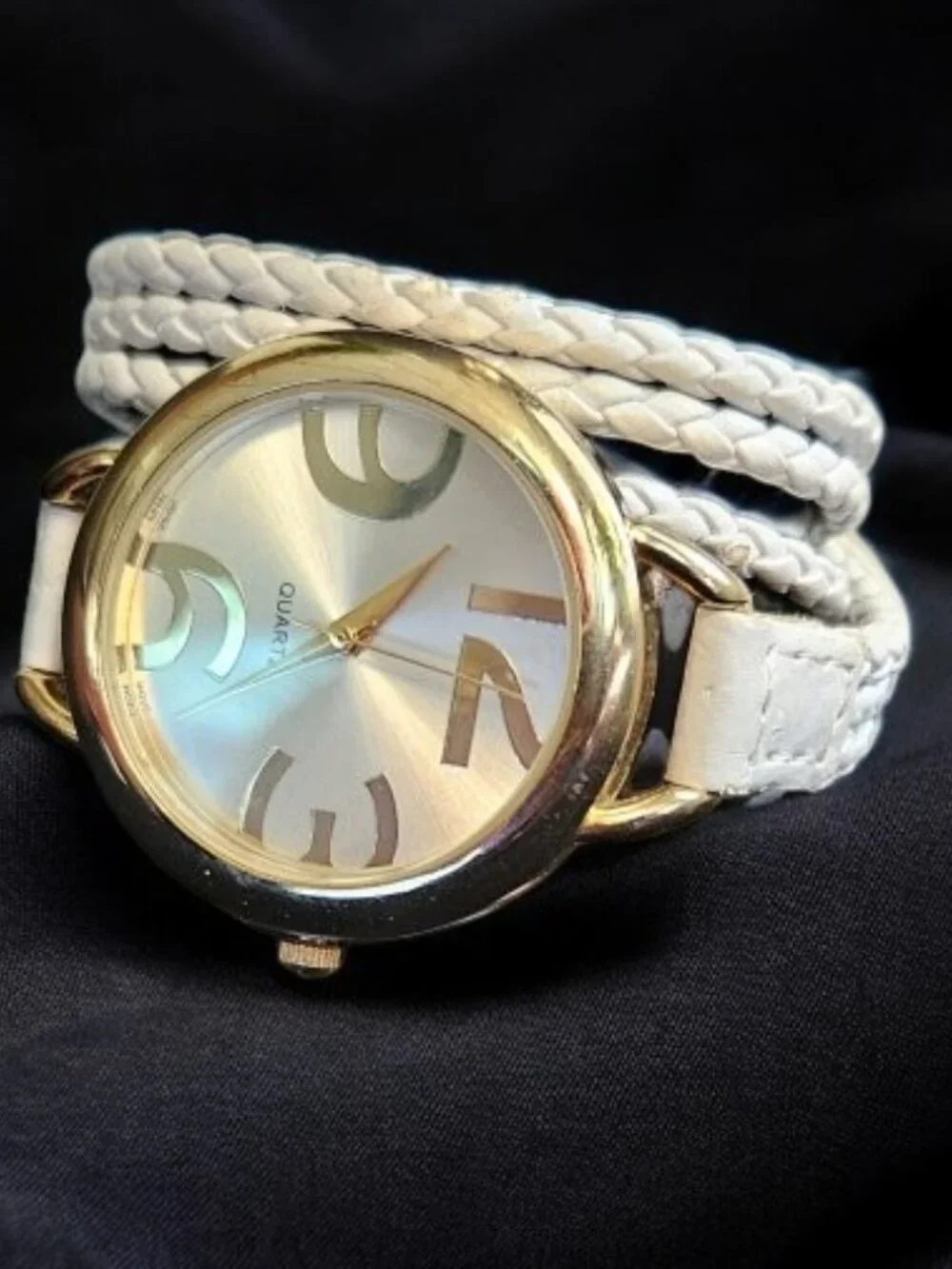 White Braided Multi Strand Faux Leather Goldtone Round Face Wrap Ladies Watch